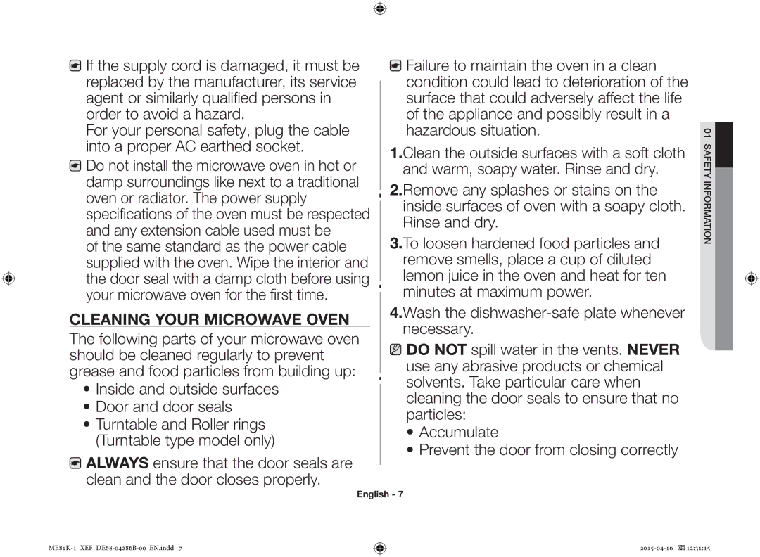 Samsung ME81K-1/XEF, ME81KB-1/XEF manual Cleaning Your Microwave Oven 