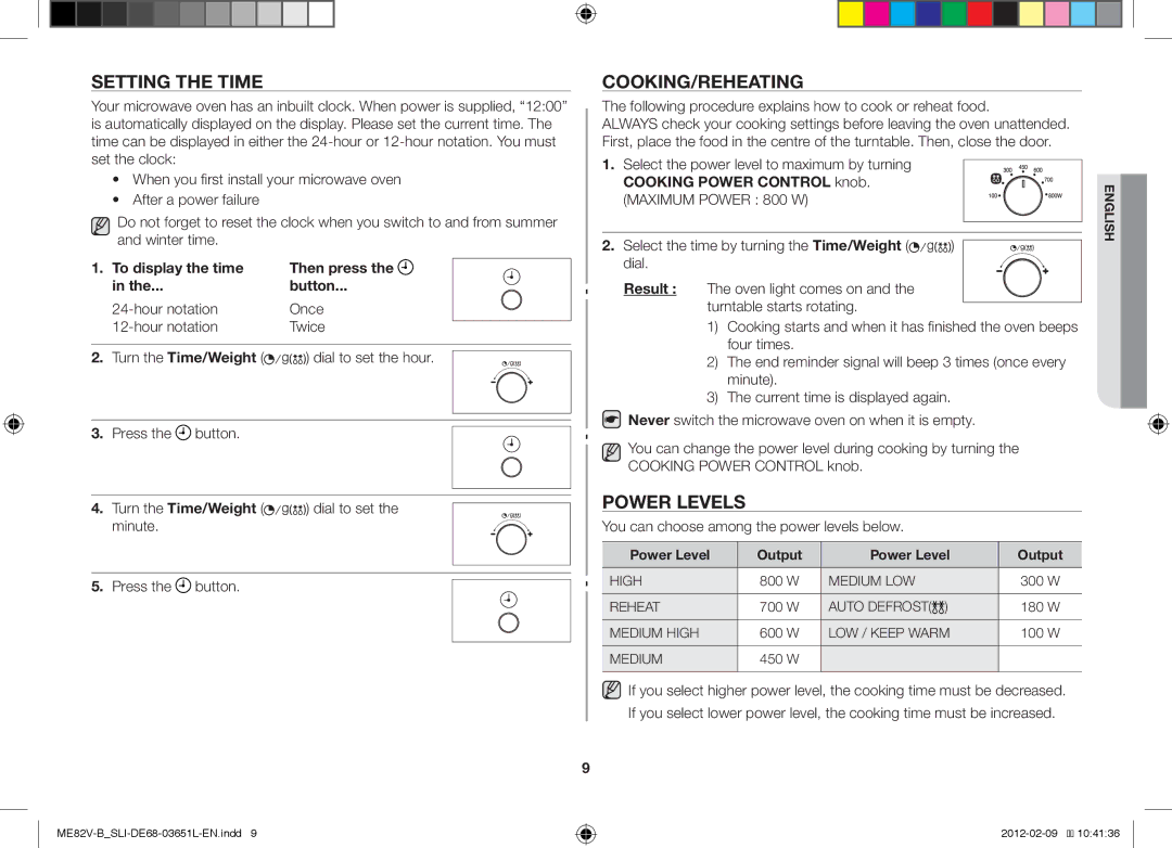 Samsung ME82V-WW/SLI, ME82V-B/SLI Setting the Time, Cooking/Reheating, Power Levels, To display the time Then press Button 