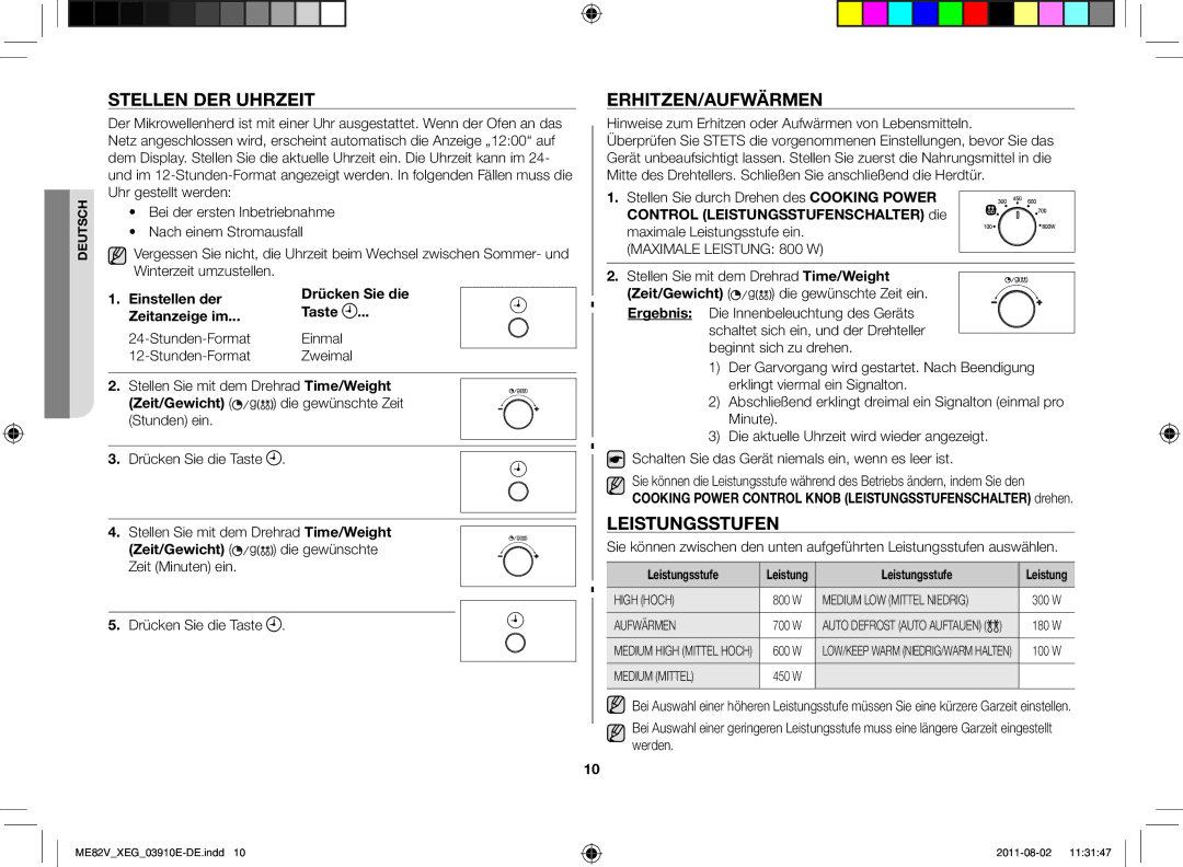 Samsung ME82V-B/XEG, ME82V-SS/XEG, ME82V-WW/XEG, ME82V-WW/XEN manual Stellen der Uhrzeit, Erhitzen/Aufwärmen, Leistungsstufen 