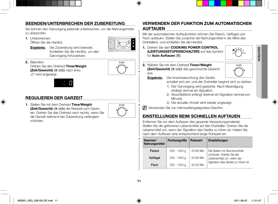 Samsung ME82V-WW/XEN Beenden/Unterbrechen der Zubereitung, Regulieren der Garzeit, Einstellungen beim schnellen Auftauen 