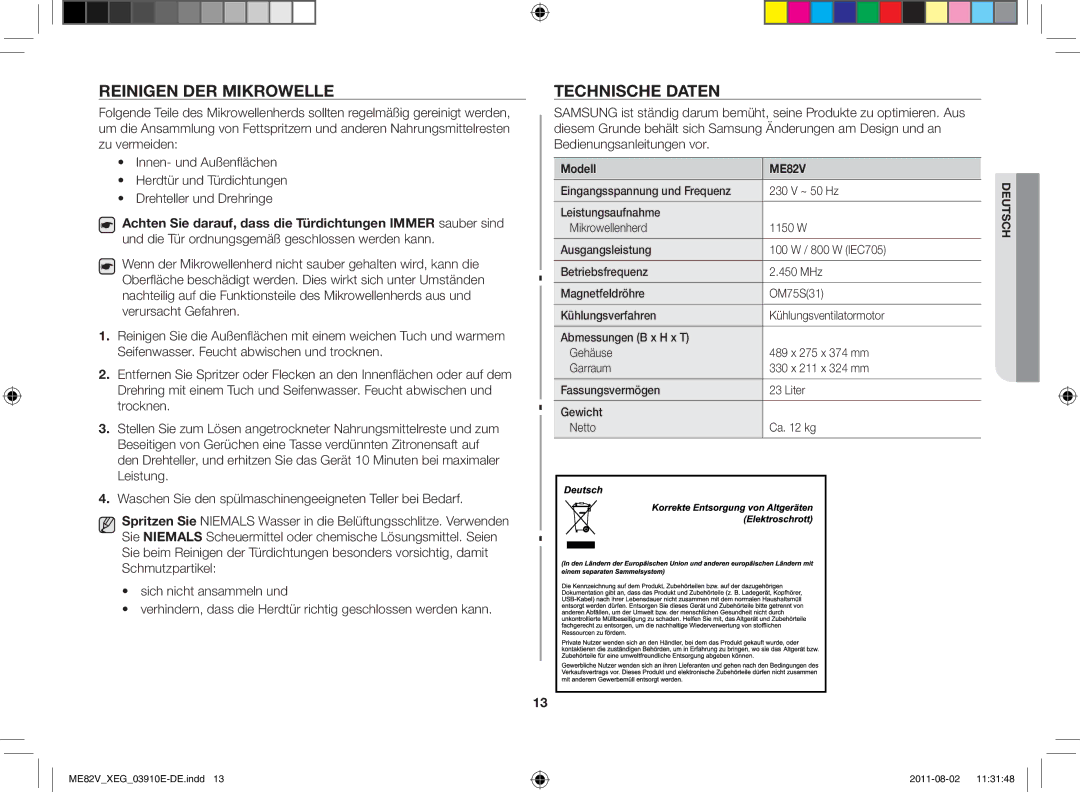 Samsung ME82V-WW/XEG, ME82V-SS/XEG, ME82V-B/XEG, ME82V-WW/XEN manual Reinigen der Mikrowelle, Technische Daten 