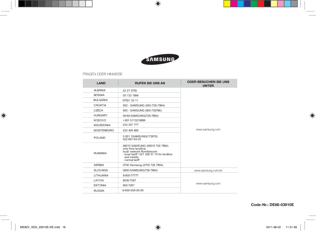 Samsung ME82V-SS/XEG, ME82V-WW/XEG, ME82V-B/XEG, ME82V-WW/XEN manual Code-Nr. DE68-03910E 