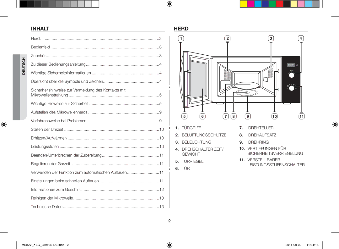 Samsung ME82V-B/XEG, ME82V-SS/XEG, ME82V-WW/XEG, ME82V-WW/XEN manual Inhalt Herd, Deutsch 