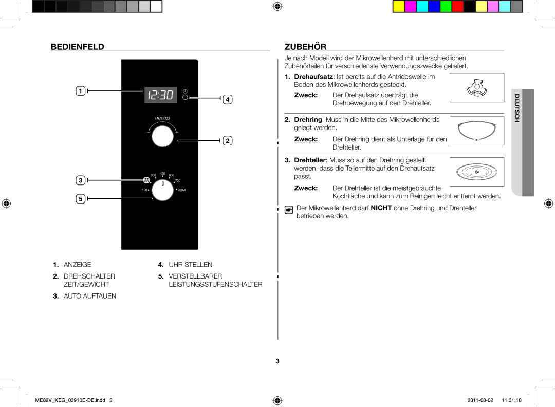 Samsung ME82V-WW/XEN, ME82V-SS/XEG, ME82V-WW/XEG, ME82V-B/XEG manual Bedienfeld, Zubehör 