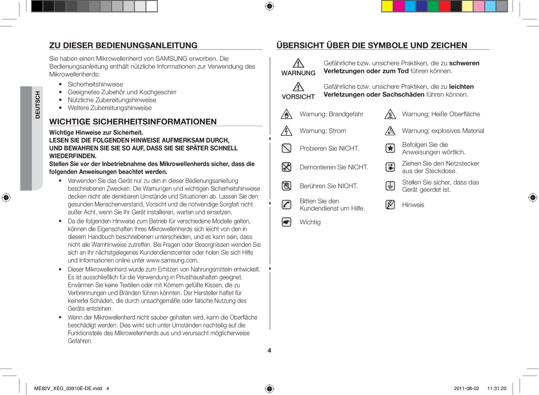 Samsung ME82V-SS/XEG, ME82V-WW/XEG, ME82V-B/XEG, ME82V-WW/XEN manual Wichtige Sicherheitsinformationen, Warnung Vorsicht 