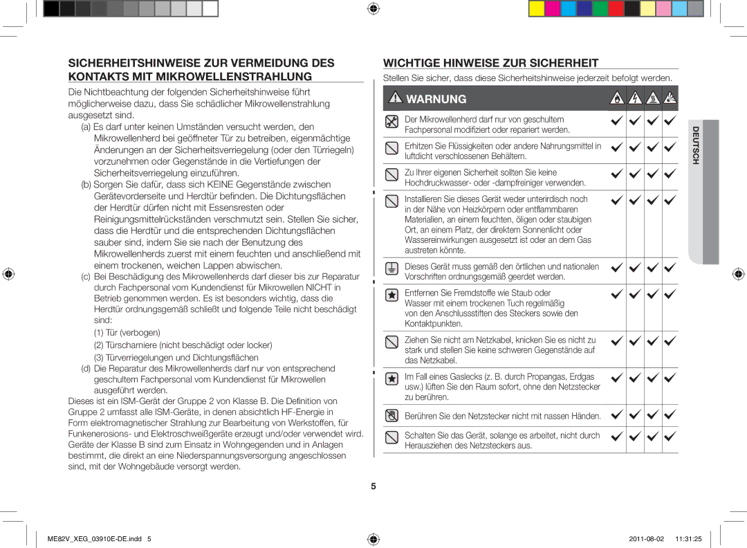 Samsung ME82V-WW/XEG, ME82V-SS/XEG, ME82V-B/XEG, ME82V-WW/XEN manual Warnung 