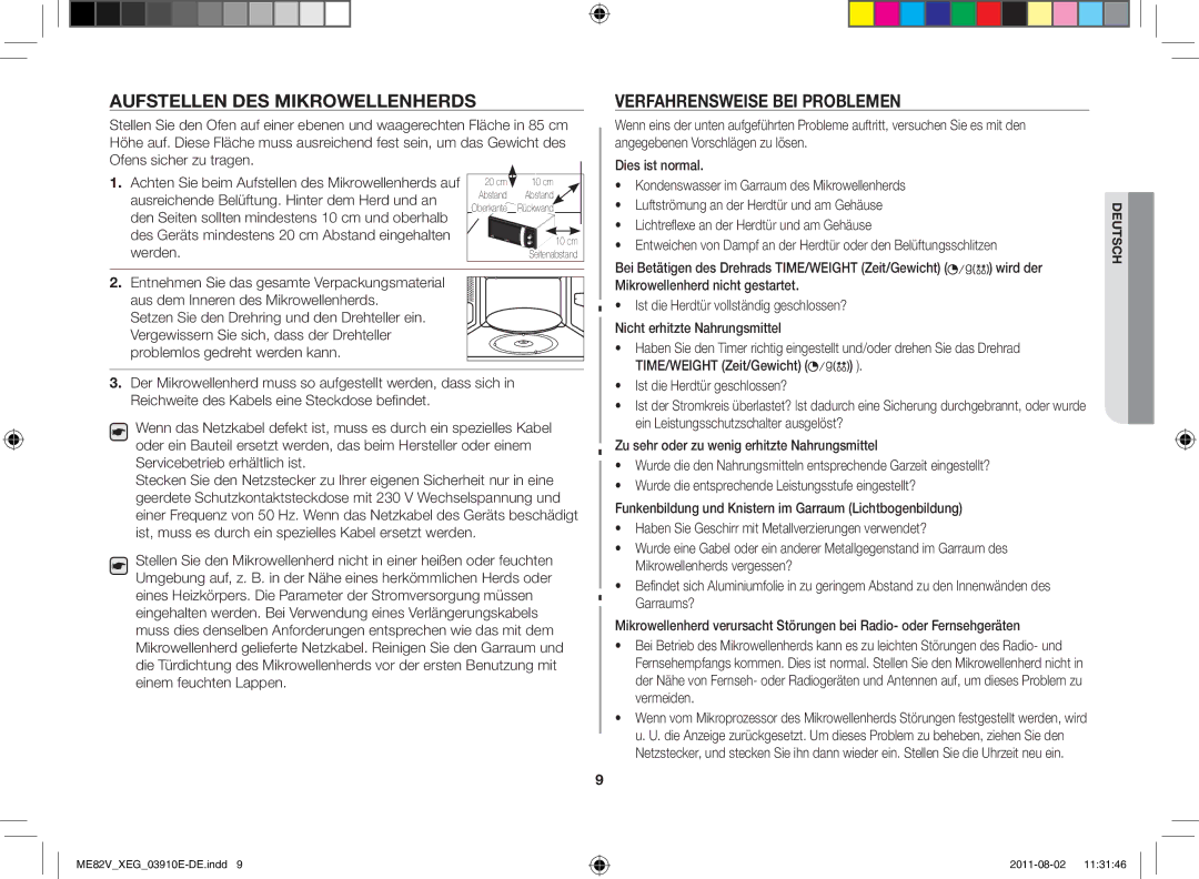 Samsung ME82V-WW/XEG, ME82V-SS/XEG, ME82V-B/XEG, ME82V-WW/XEN Aufstellen des Mikrowellenherds, Verfahrensweise bei Problemen 