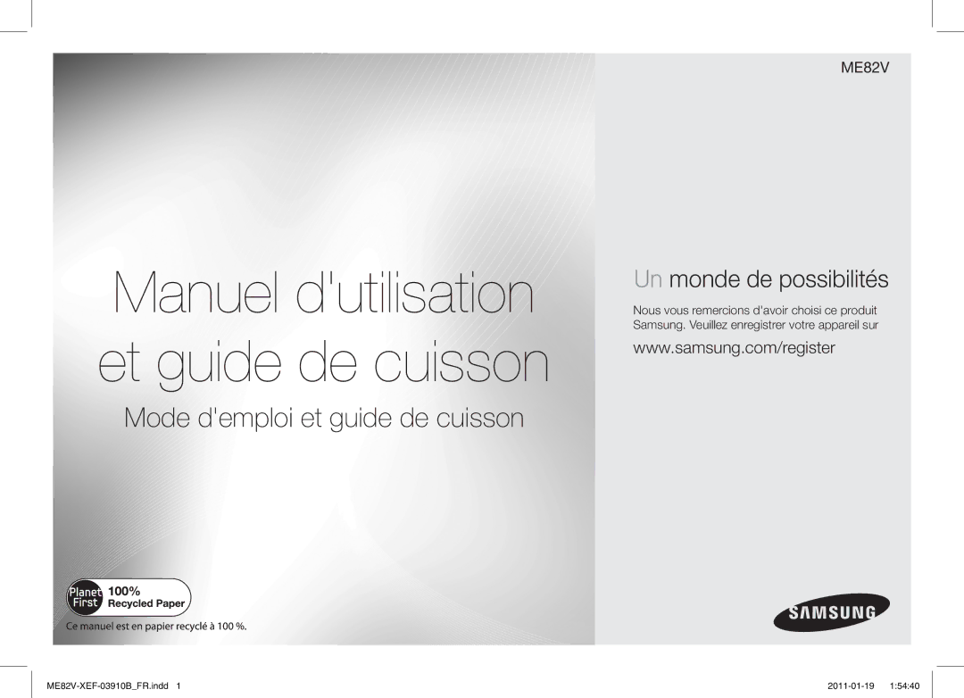 Samsung ME82V-SX/XEF manual Manuel dutilisation et guide de cuisson 