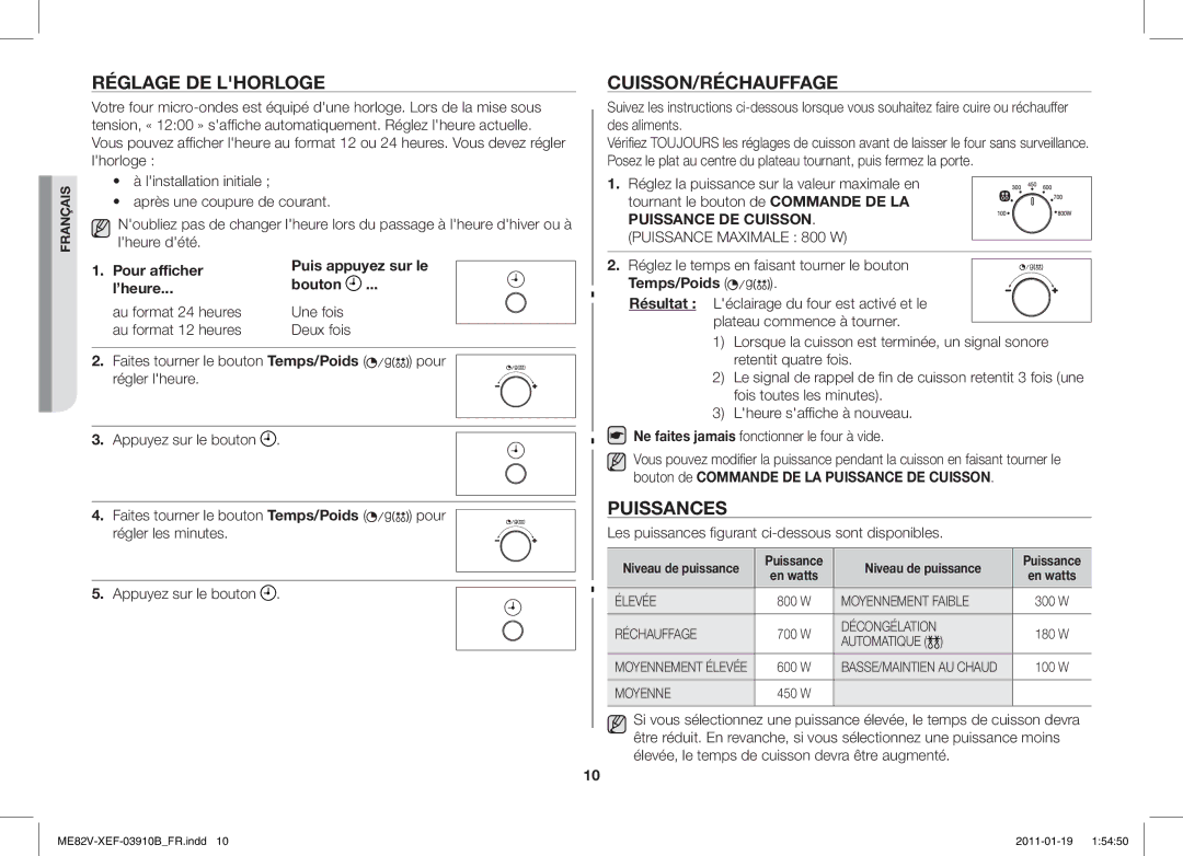 Samsung ME82V-SX/XEF manual Réglage DE Lhorloge, Cuisson/Réchauffage, Puissances, Puis appuyez sur le, Niveau de puissance 