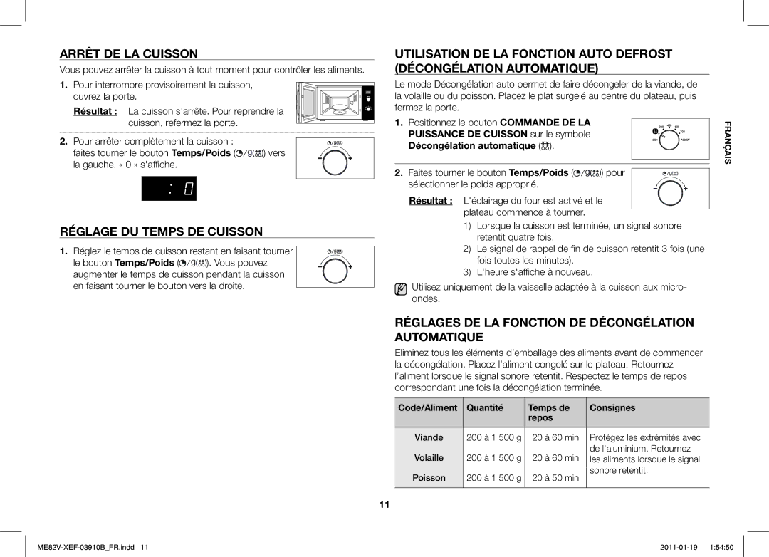 Samsung ME82V-SX/XEF Arrêt DE LA Cuisson, Réglage DU Temps DE Cuisson, Code/Aliment Quantité Temps de Consignes Repos 