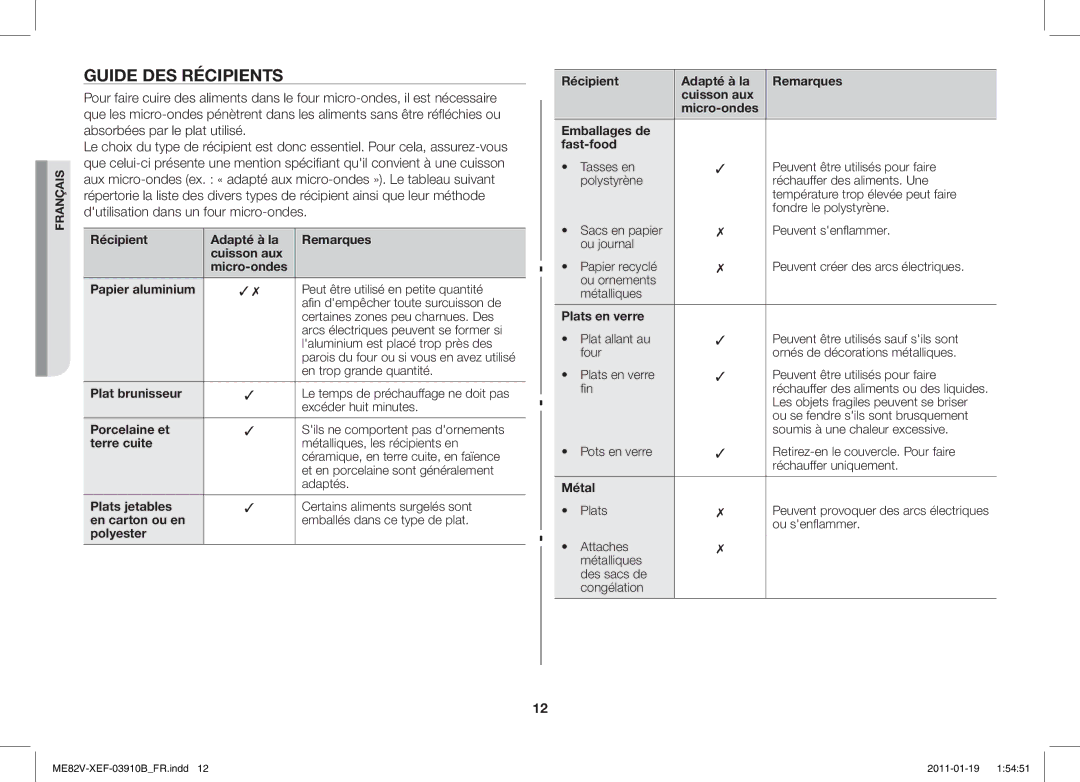 Samsung ME82V-SX/XEF manual Guide DES Récipients 