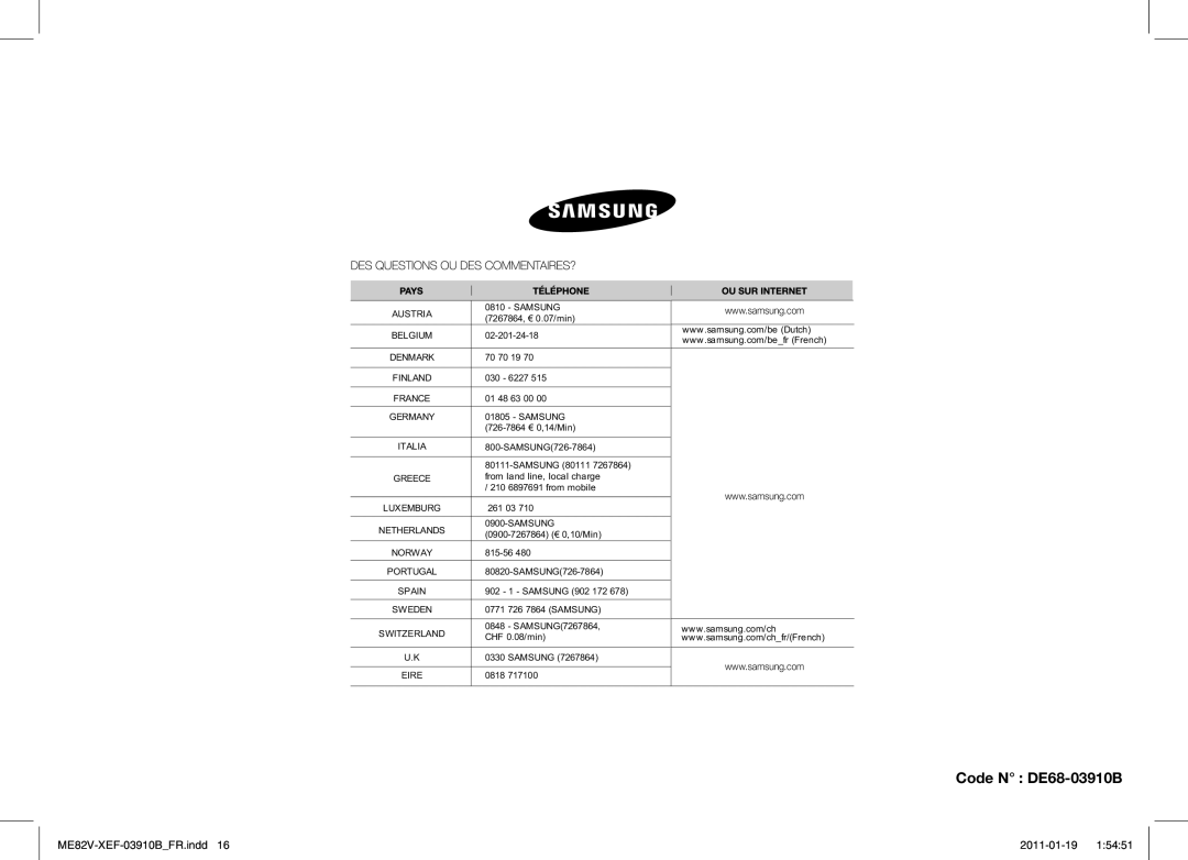 Samsung ME82V-SX/XEF manual Code N DE68-03910B 