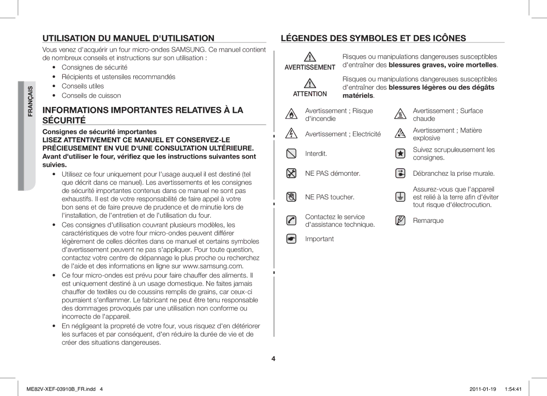 Samsung ME82V-SX/XEF manual Informations Importantes Relatives À LA Sécurité, Avertissement 