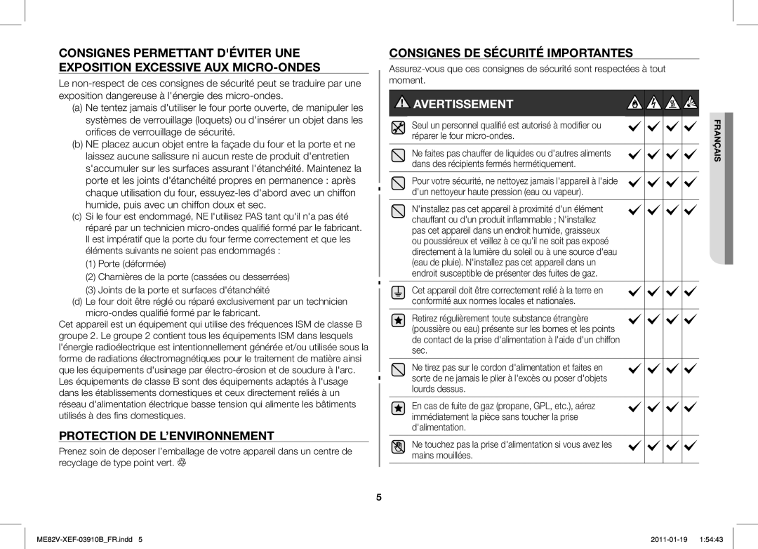 Samsung ME82V-SX/XEF manual Avertissement, Protection DE L’ENVIRONNEMENT 