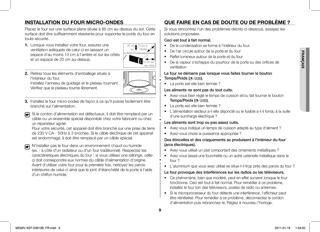 Samsung ME82V-SX/XEF manual Installation DU Four MICRO-ONDES, QUE Faire EN CAS DE Doute OU DE Problème ? 