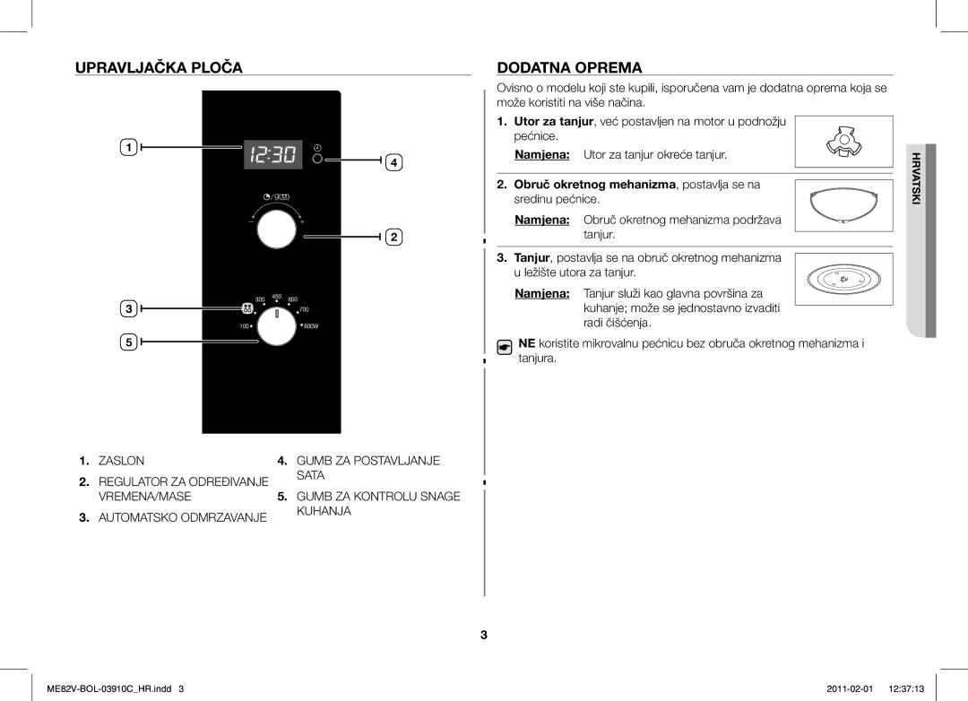 Samsung ME82V-B/BOL manual Upravljačka Ploča Dodatna Oprema, Obruč okretnog mehanizma, postavlja se na sredinu pećnice 