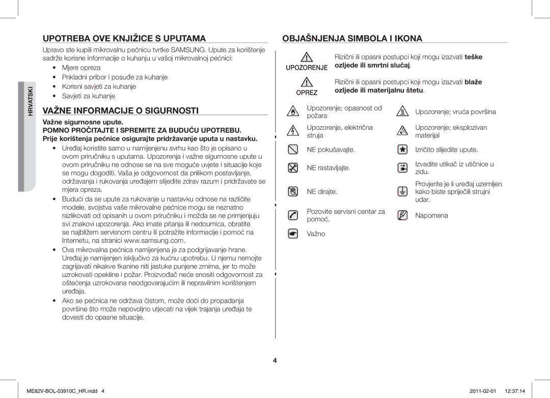 Samsung ME82V-WW/BOL manual Upotreba OVE Knjižice S Uputama, Objašnjenja Simbola I Ikona, Važne Informacije O Sigurnosti 