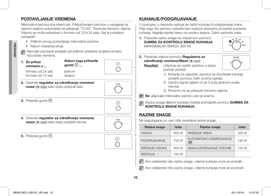 Samsung ME82V-WW/BOL, ME82V-B/BOL manual Postavljanje Vremena, Kuhanje/Podgrijavanje, Razine Snage 