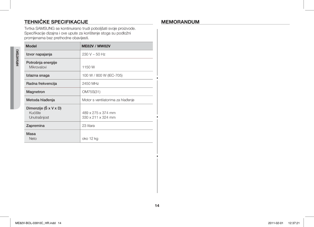 Samsung ME82V-WW/BOL, ME82V-B/BOL manual Tehničke Specifikacije Memorandum, Model ME82V / MW82V 