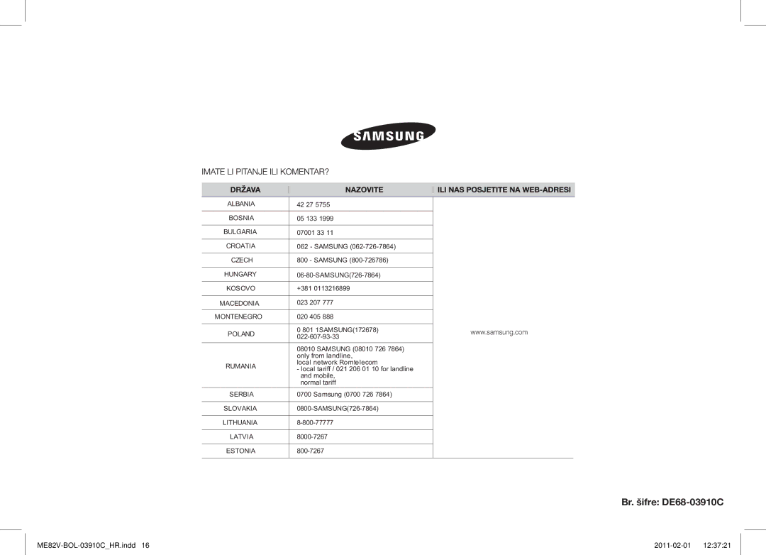 Samsung ME82V-WW/BOL, ME82V-B/BOL manual Br. šifre DE68-03910C 