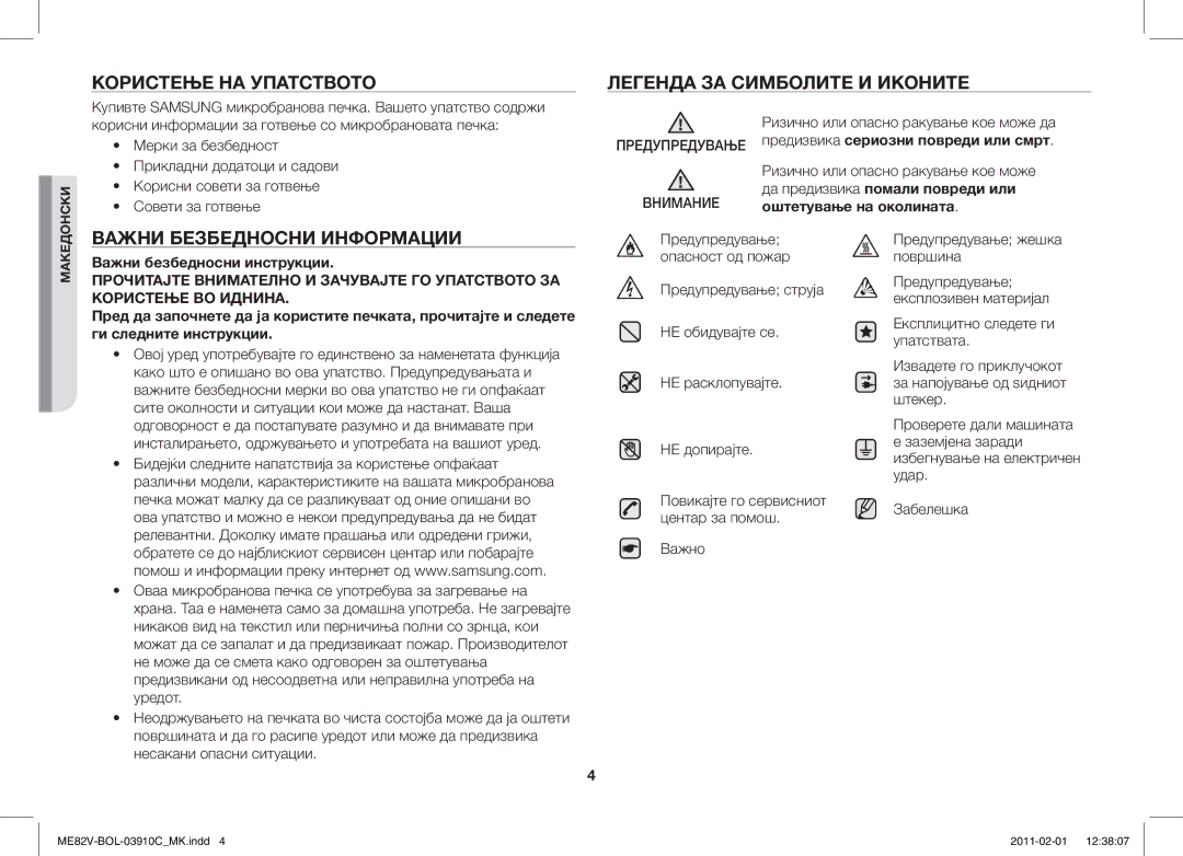 Samsung ME82V-WW/BOL Користење НА Упатството Легенда ЗА Симболите И Иконите, Важни Безбедносни Информации, Упатствата 