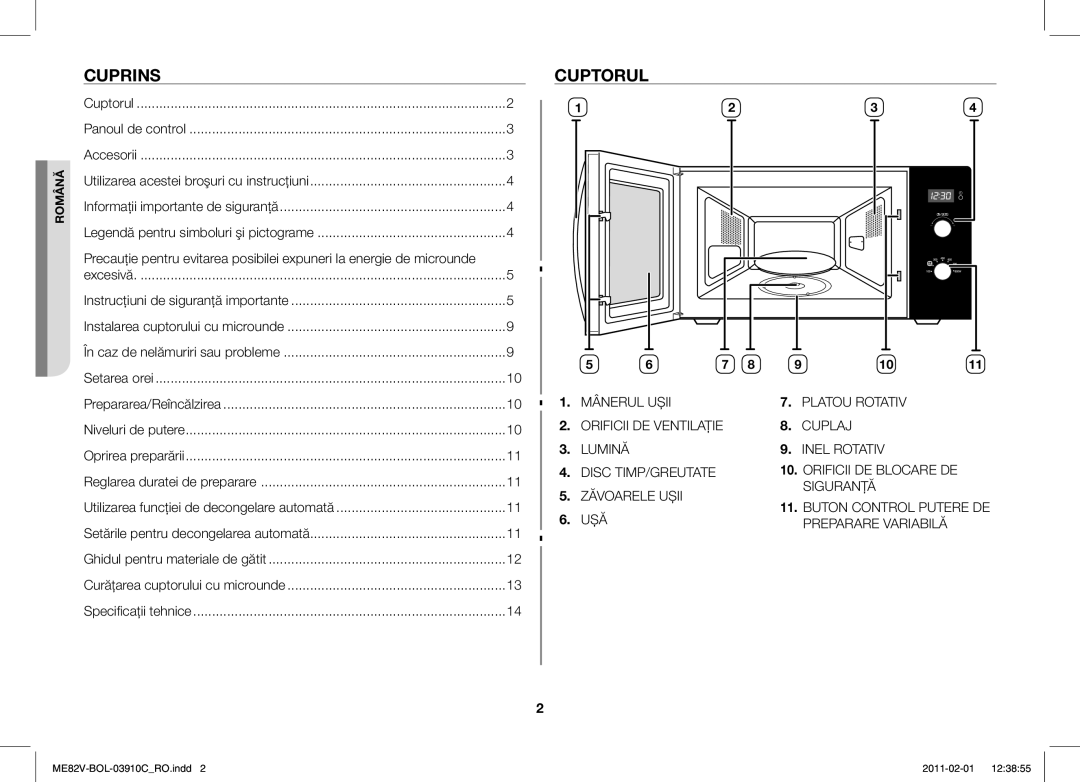 Samsung ME82V-WW/BOL, ME82V-B/BOL manual Cuprins, Cuptorul, Uşă 