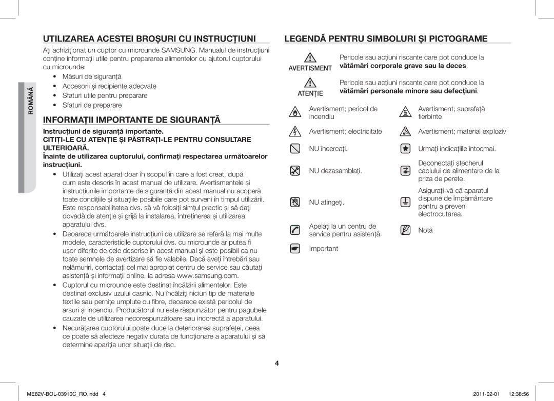 Samsung ME82V-WW/BOL Utilizarea Acestei Broşuri CU Instrucţiuni, Informaţii Importante DE Siguranţă, Sfaturi de preparare 