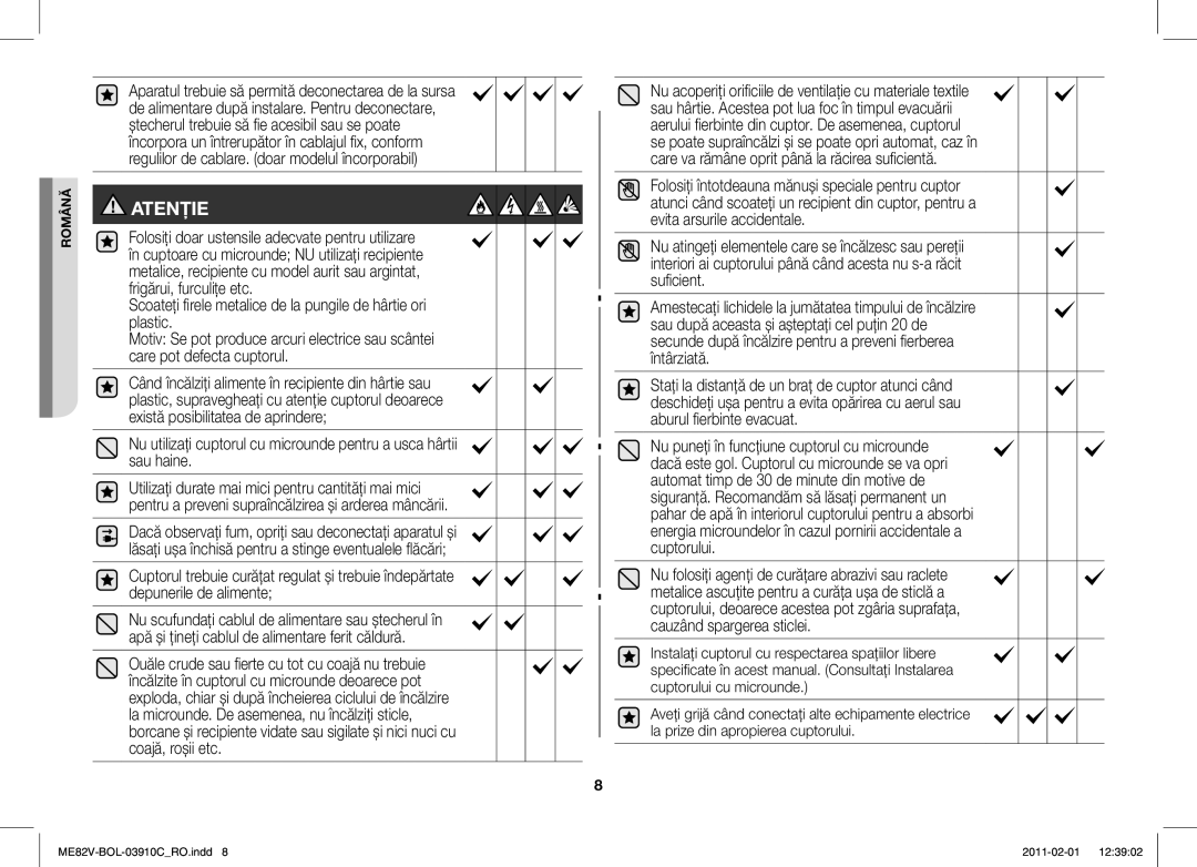 Samsung ME82V-WW/BOL, ME82V-B/BOL manual Atenţie 