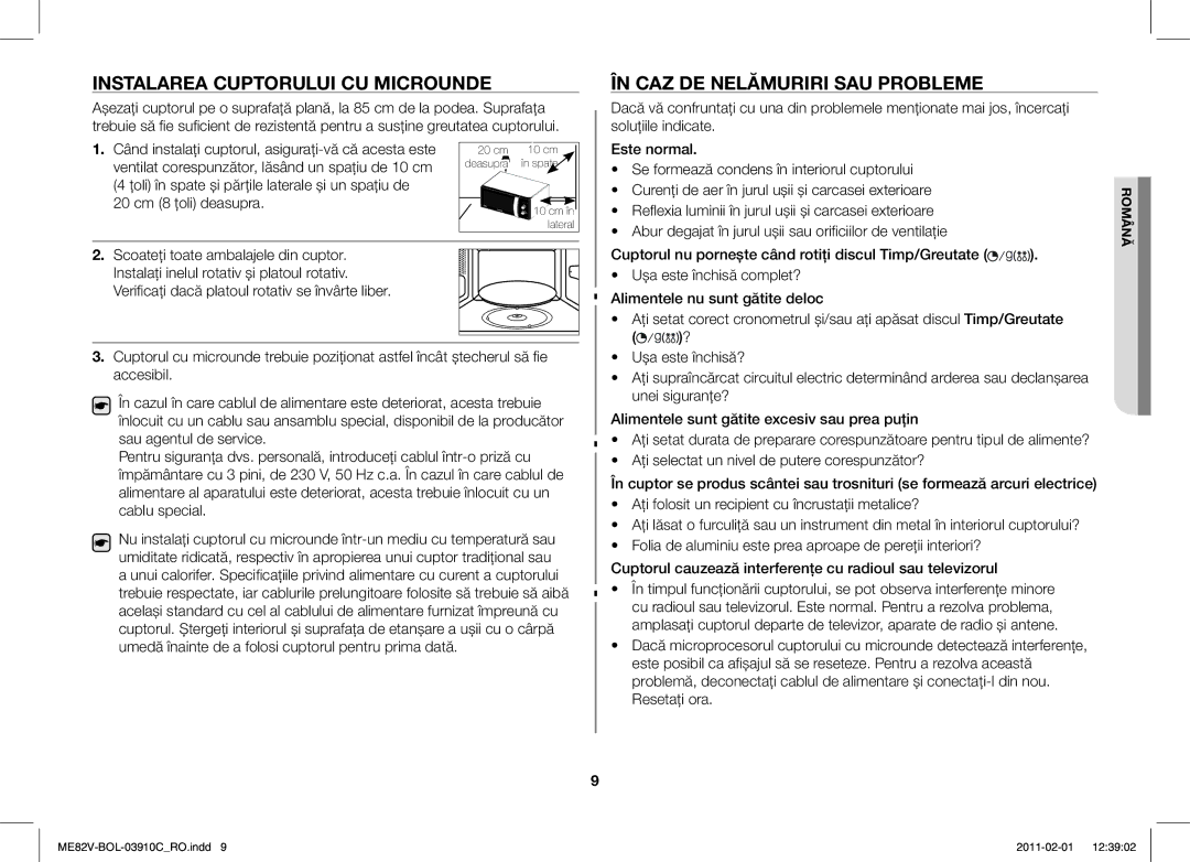 Samsung ME82V-B/BOL, ME82V-WW/BOL manual Instalarea Cuptorului CU Microunde, ÎN CAZ DE Nelămuriri SAU Probleme 