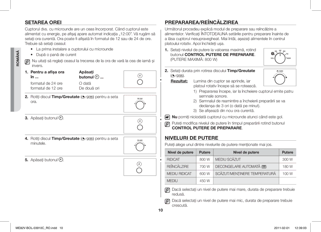 Samsung ME82V-WW/BOL, ME82V-B/BOL manual Setarea Orei, Prepararea/Reîncălzirea, Niveluri DE Putere, Nivel de putere Putere 