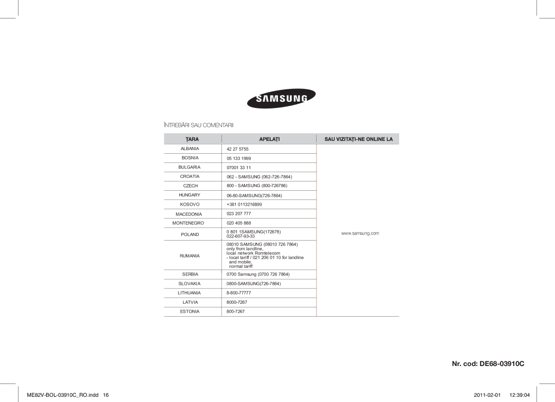 Samsung ME82V-WW/BOL, ME82V-B/BOL manual Nr. cod DE68-03910C 