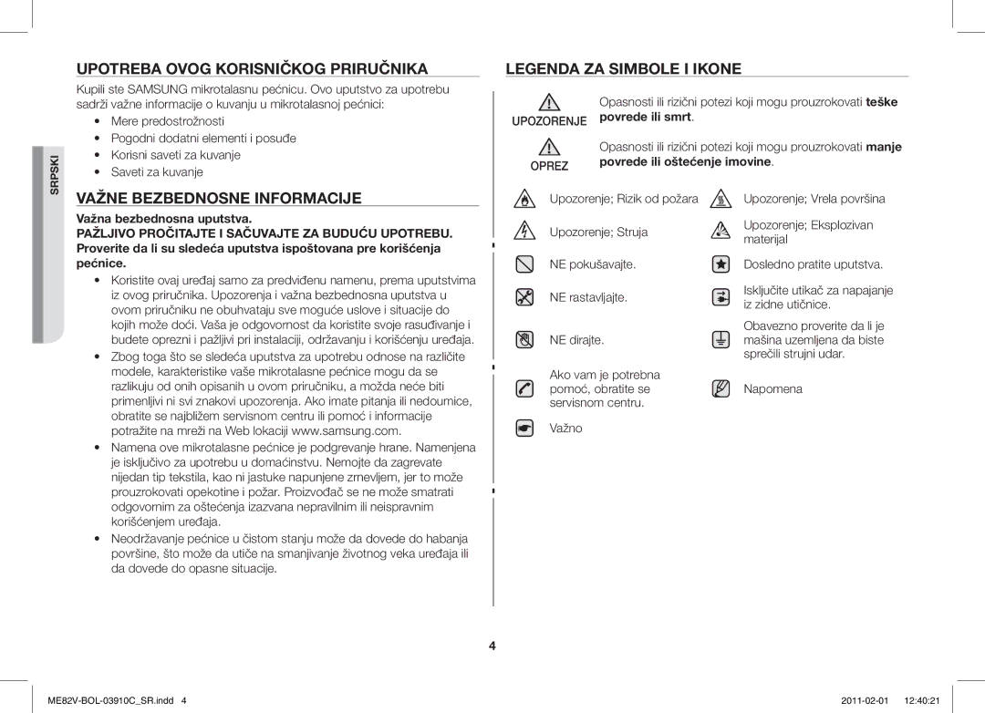 Samsung ME82V-WW/BOL Upotreba Ovog Korisničkog Priručnika, Važne Bezbednosne Informacije, Povrede ili oštećenje imovine 