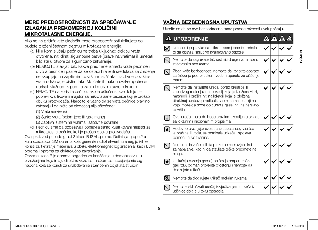 Samsung ME82V-B/BOL, ME82V-WW/BOL manual Mikrotalasne Energije, Bi da obavlja isključivo kvalifikovano osoblje 