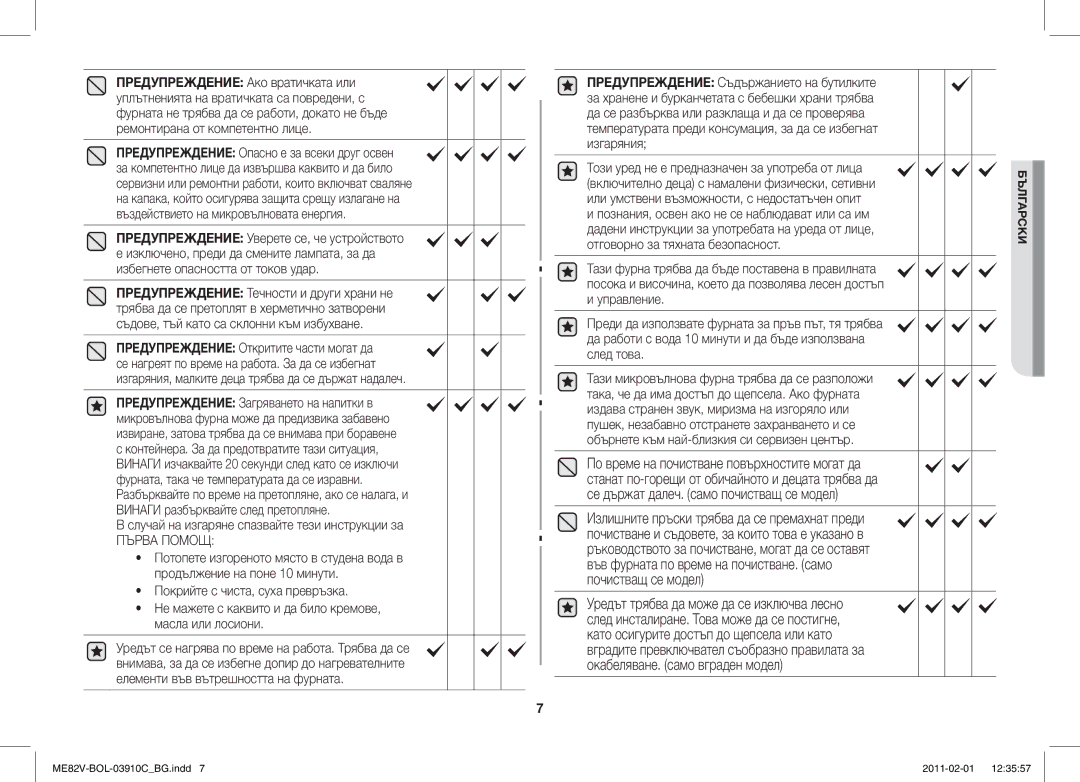 Samsung ME82V-B/BOL manual Предупреждение Уверете се, че устройството, Случай на изгаряне спазвайте тези инструкции за 