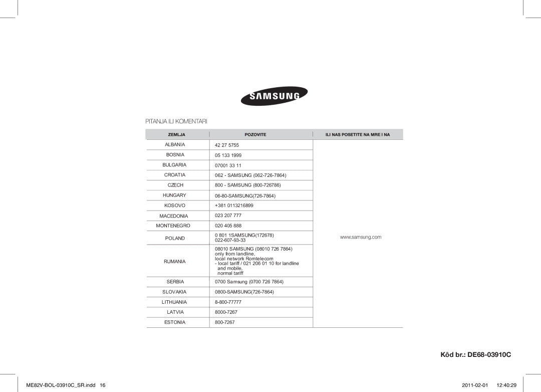 Samsung ME82V-WW/BOL, ME82V-B/BOL manual Kôd br. DE68-03910C 