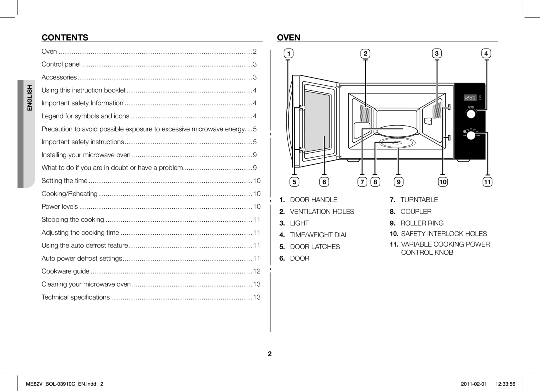 Samsung ME82V-WW/BOL, ME82V-B/BOL manual Contents, Oven 