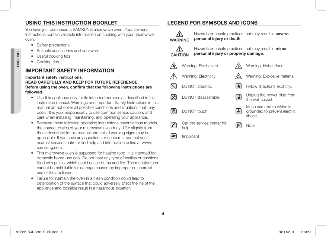 Samsung ME82V-WW/BOL manual Using this Instruction Booklet, Important Safety Information, Useful cooking tips, Cooking tips 