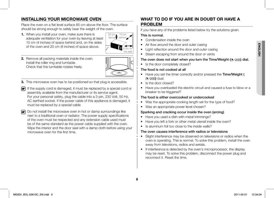 Samsung ME82V-B/BOL, ME82V-WW/BOL manual Installing Your Microwave Oven, What to do if YOU are in Doubt or have a Problem 