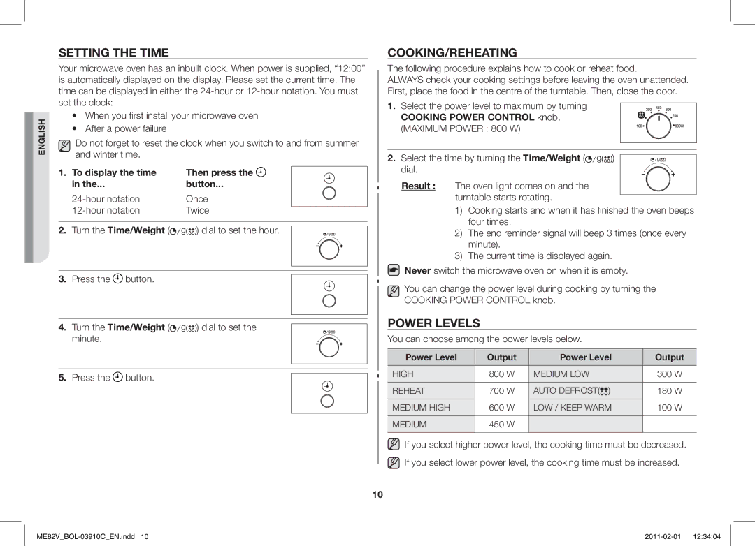 Samsung ME82V-WW/BOL, ME82V-B/BOL manual Setting the Time, Cooking/Reheating, Power Levels 