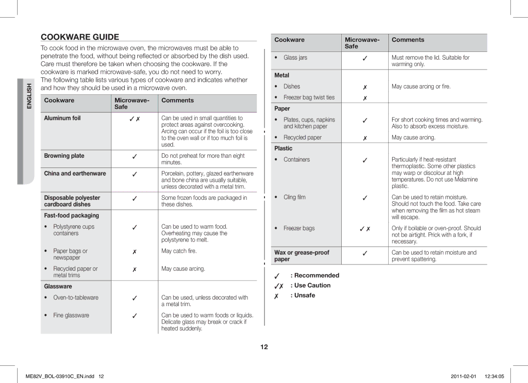 Samsung ME82V-WW/BOL, ME82V-B/BOL manual Cookware Guide 