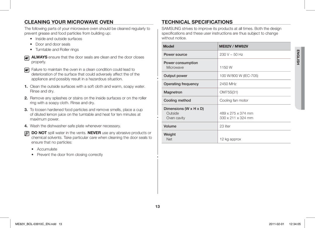 Samsung ME82V-B/BOL, ME82V-WW/BOL manual Cleaning Your Microwave Oven, Technical Specifications 