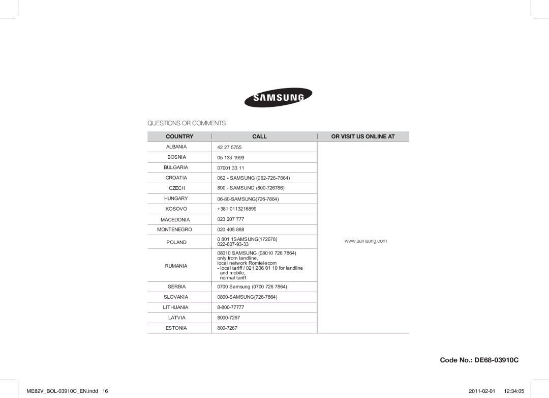 Samsung ME82V-WW/BOL, ME82V-B/BOL manual Code No. DE68-03910C 