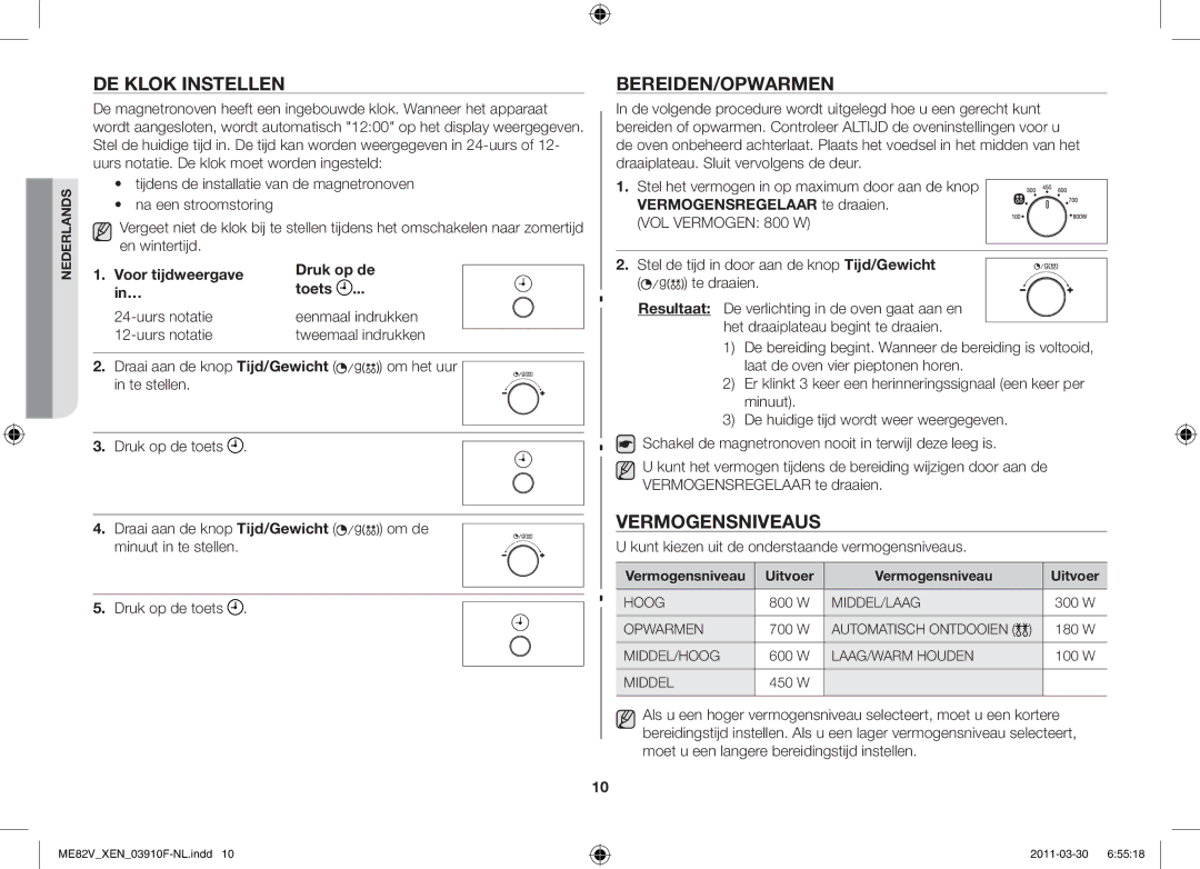 Samsung ME82V-WW/XEN manual De klok instellen, Bereiden/Opwarmen, Vermogensniveaus 