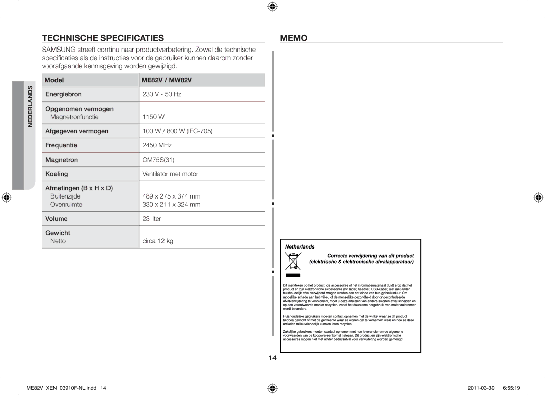 Samsung ME82V-WW/XEN manual Technische specificaties Memo, Model ME82V / MW82V 