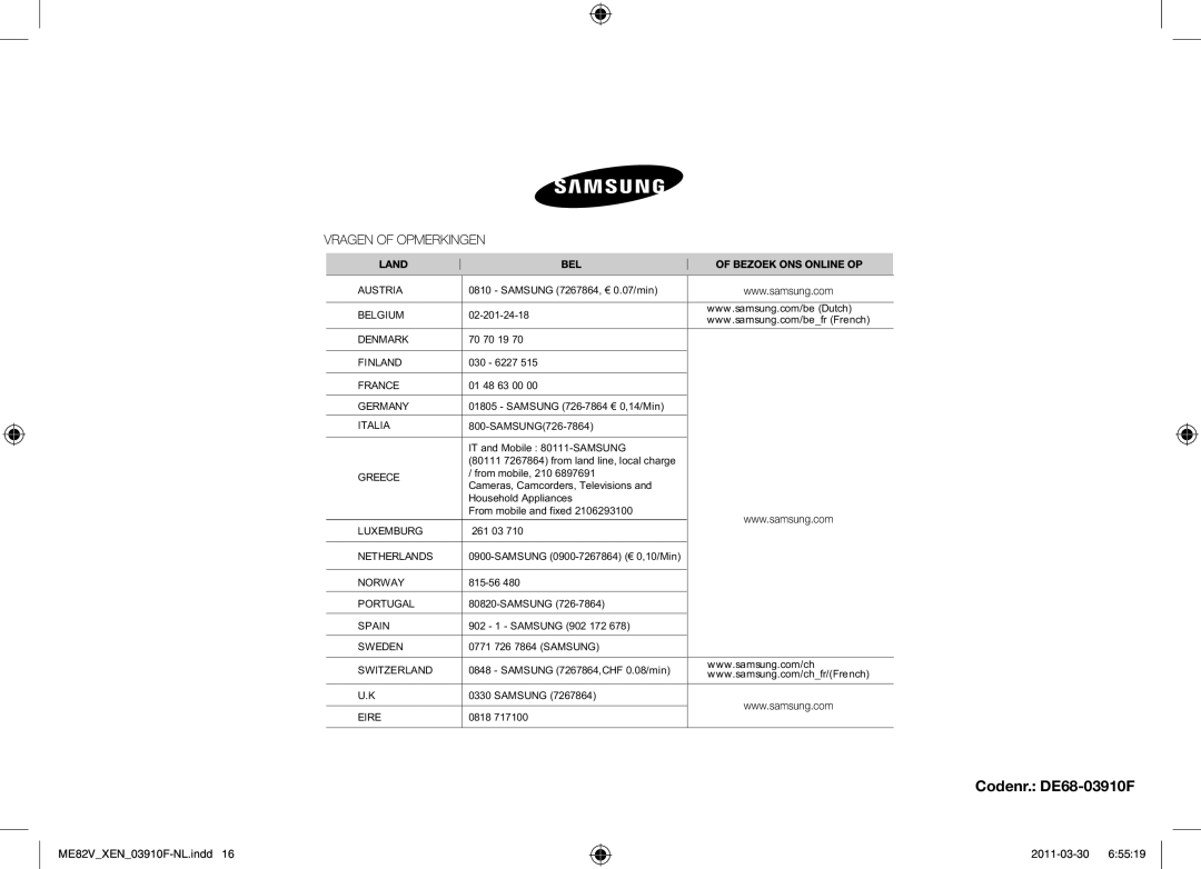 Samsung ME82V-WW/XEN manual Codenr. DE68-03910F 