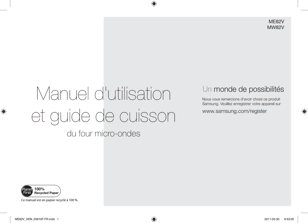 Samsung ME82V-WW/XEN manual Manuel dutilisation et guide de cuisson 