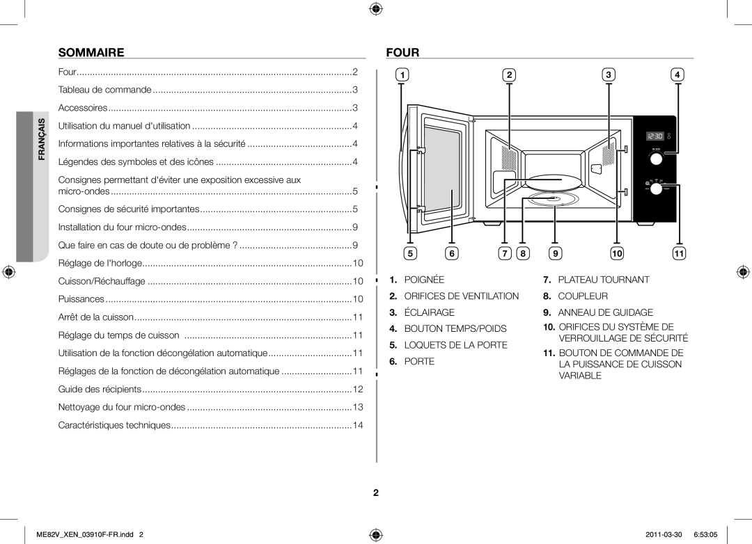 Samsung ME82V-WW/XEN manual Sommaire, Four, Consignes permettant déviter une exposition excessive aux 