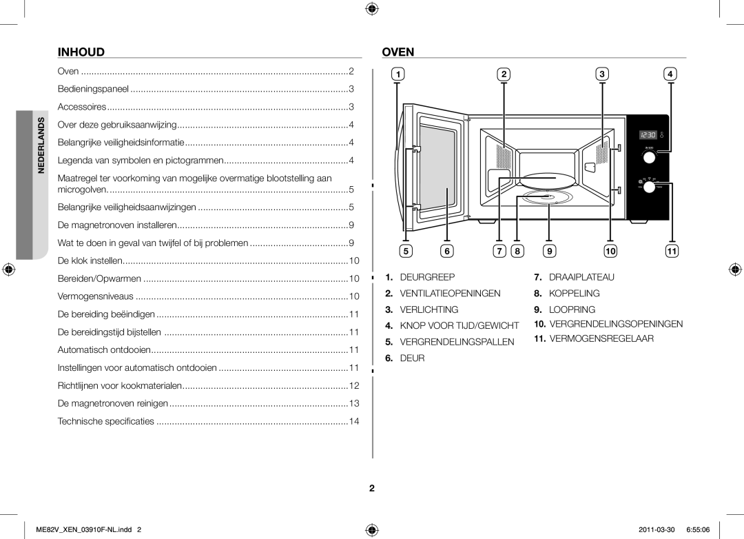 Samsung ME82V-WW/XEN manual Inhoud, Oven 