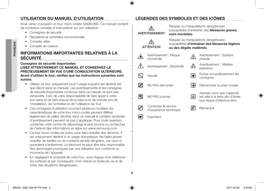 Samsung ME82V-WW/XEN manual Informations importantes relatives à la sécurité, Remarque 