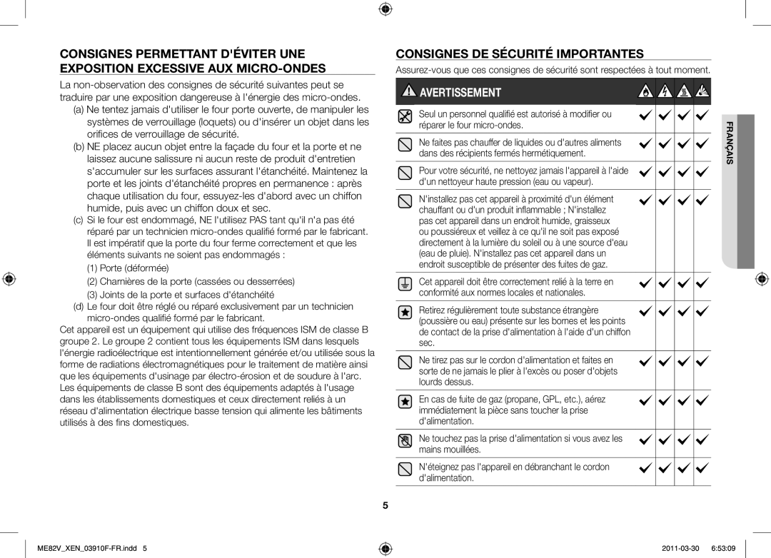 Samsung ME82V-WW/XEN manual Avertissement 